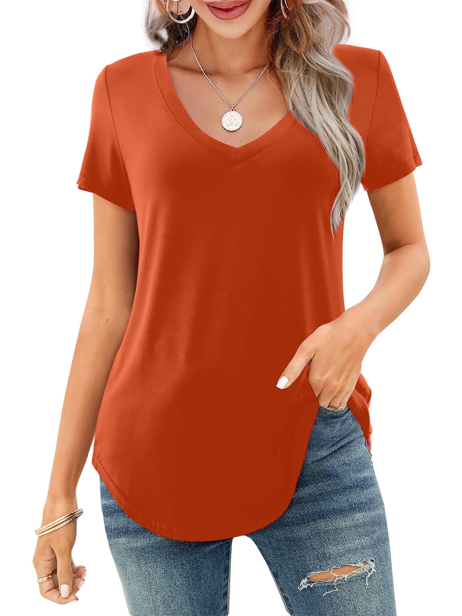 🔥Last Day 49% OFF💖Women's V-neck Short Sleeve Curved Hem Tee Top