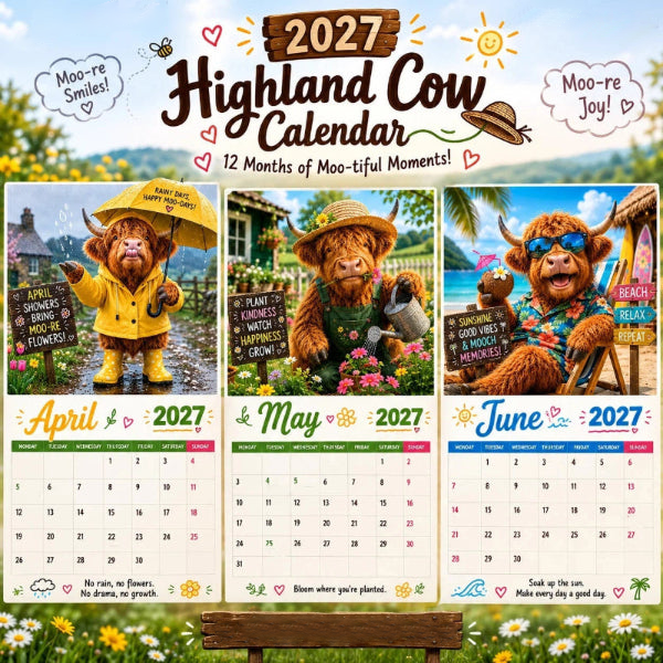 ⏳💥Final 3 hours-￡6.99!!🐮2027 Funny Highland Cow Wall Calendar | A4 Hanging Calendar | Designed by Isabel Kline