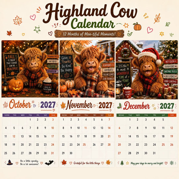 ⏳💥Final 3 hours-￡6.99!!🐮2027 Funny Highland Cow Wall Calendar | A4 Hanging Calendar | Designed by Isabel Kline