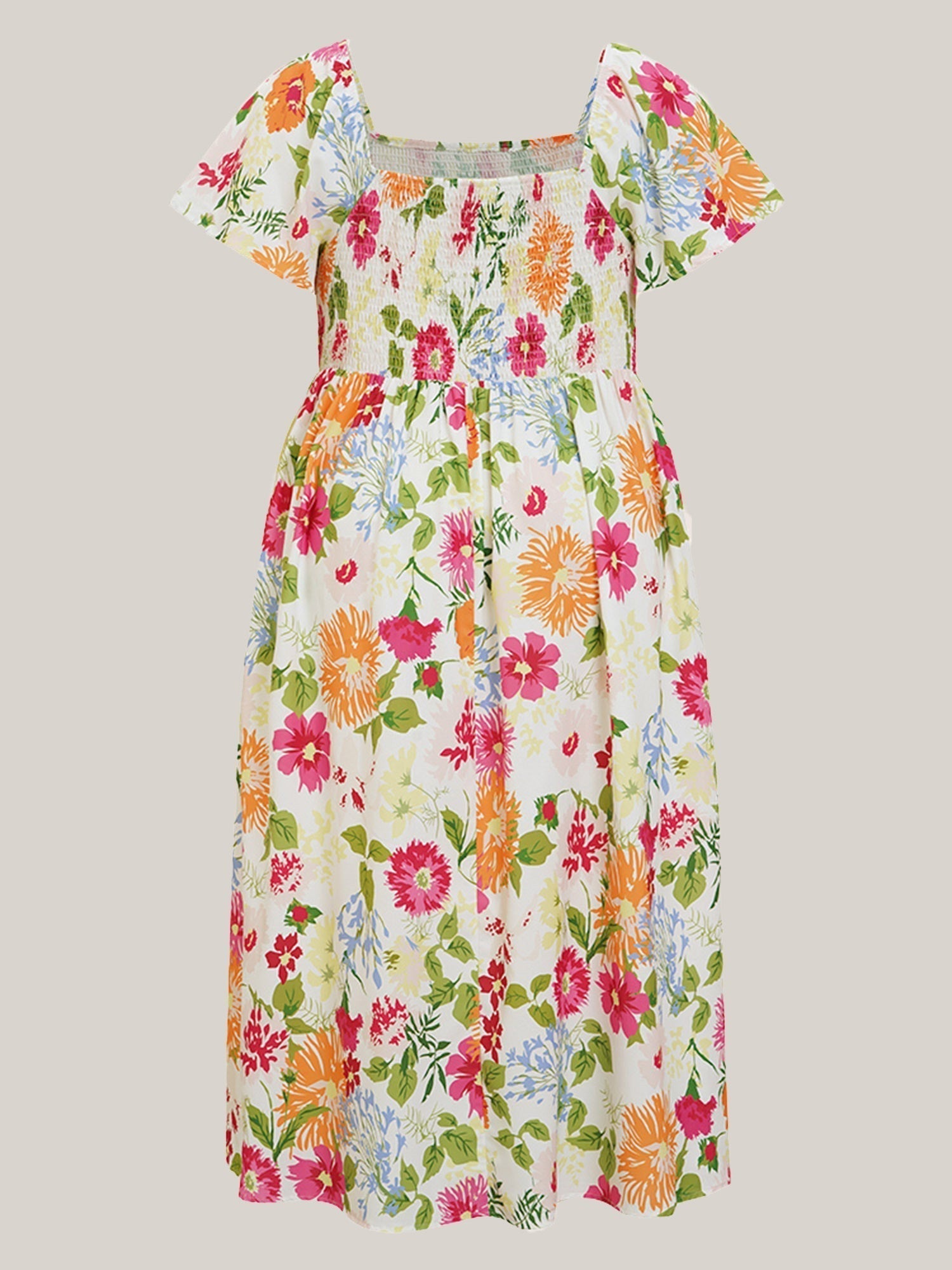 ⏰Summer Hot Sale 70% OFF💃Floral Smocked Square Neck Midi Dress with Pockets