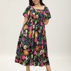 ⏰Summer Hot Sale 70% OFF💃Floral Smocked Square Neck Midi Dress with Pockets