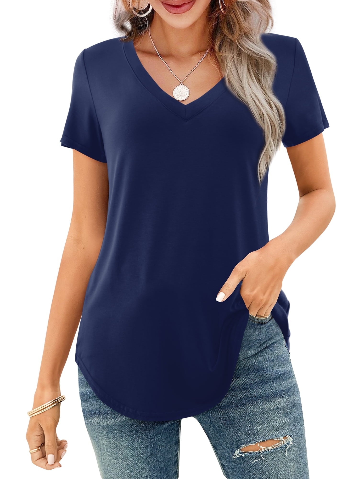 🔥Last Day 49% OFF💖Women's V-neck Short Sleeve Curved Hem Tee Top