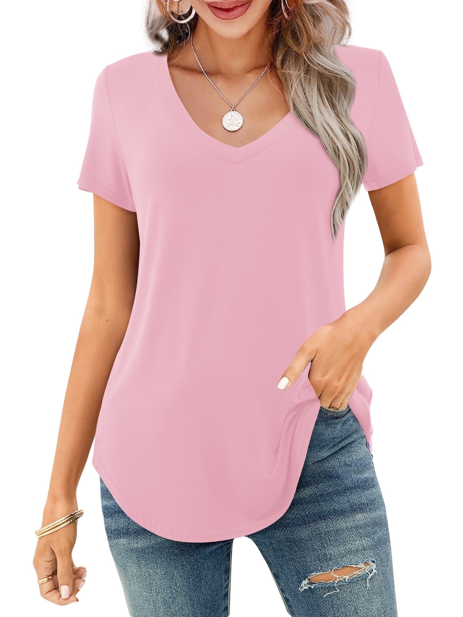 🔥Last Day 49% OFF💖Women's V-neck Short Sleeve Curved Hem Tee Top