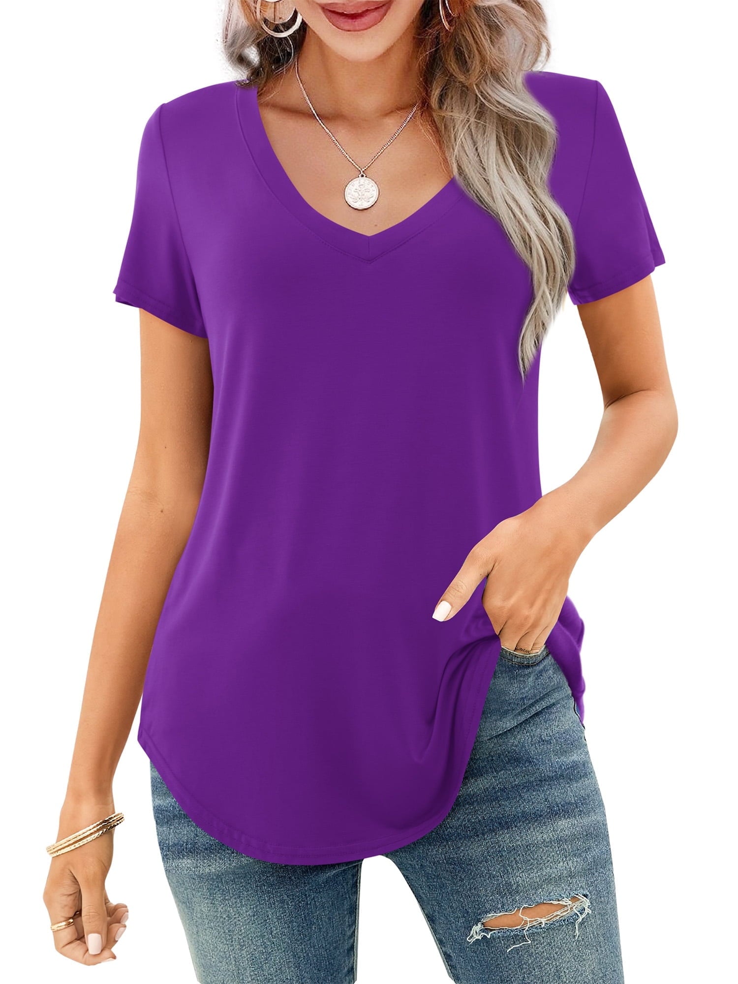 🔥Last Day 49% OFF💖Women's V-neck Short Sleeve Curved Hem Tee Top
