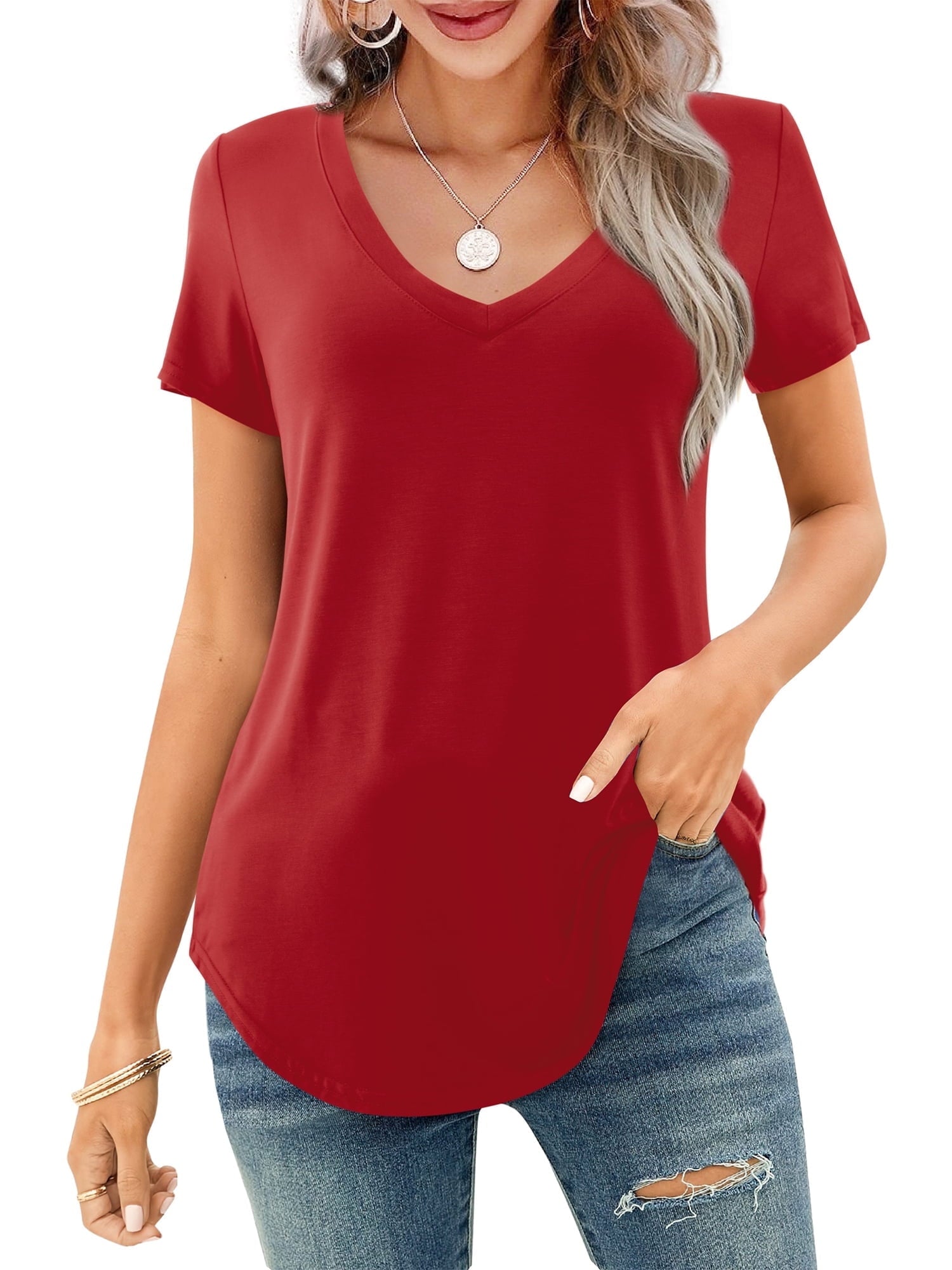 🔥Last Day 49% OFF💖Women's V-neck Short Sleeve Curved Hem Tee Top