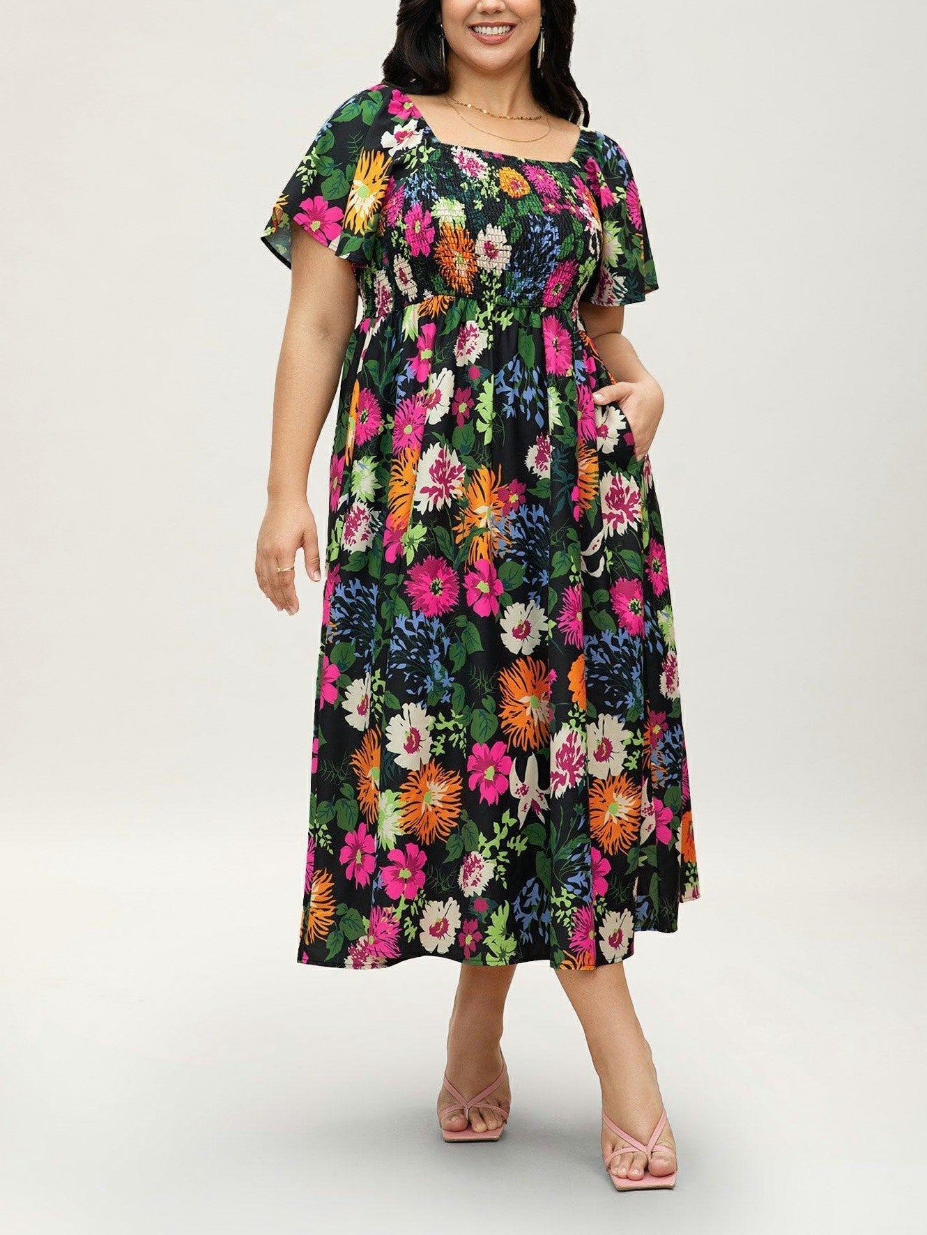 ⏰Summer Hot Sale 70% OFF💃Floral Smocked Square Neck Midi Dress with Pockets