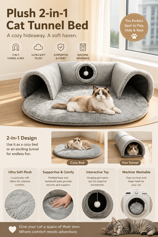 🐱 50% OFF NOW! 🛏️ Plush 2-in-1 Cat Tunnel Bed – Collapsible, scratch-resistant & cozy – combines hideaway tunnel with soft sleeping pad – perfect for play, rest & pouncing 🐾