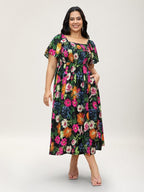 ⏰Summer Hot Sale 70% OFF💃Floral Smocked Square Neck Midi Dress with Pockets