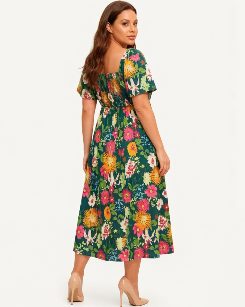 ⏰Summer Hot Sale 70% OFF💃Floral Smocked Square Neck Midi Dress with Pockets