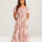 ⏰Summer Hot Sale 70% OFF💃Floral Smocked Square Neck Midi Dress with Pockets