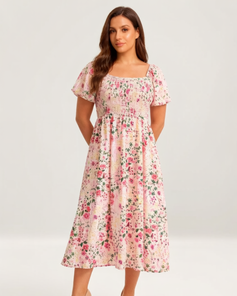 ⏰Summer Hot Sale 70% OFF💃Floral Smocked Square Neck Midi Dress with Pockets