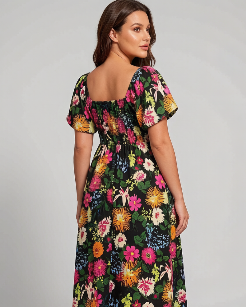 ⏰Summer Hot Sale 70% OFF💃Floral Smocked Square Neck Midi Dress with Pockets