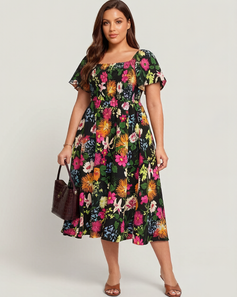 ⏰Summer Hot Sale 70% OFF💃Floral Smocked Square Neck Midi Dress with Pockets