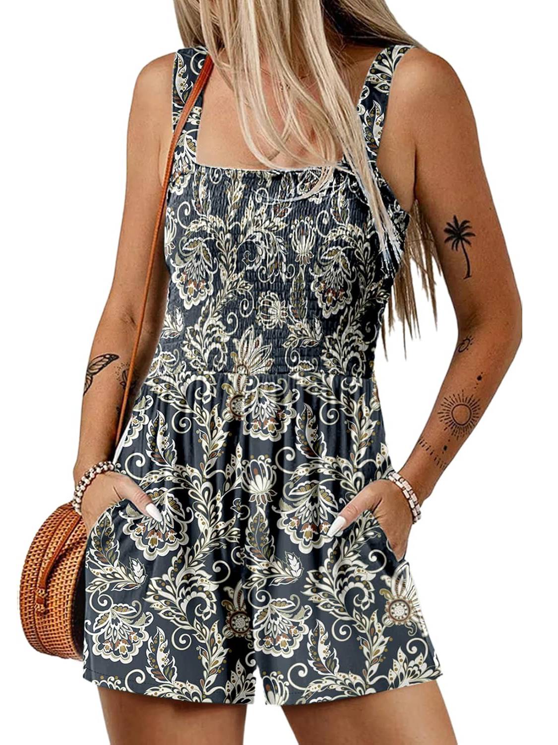 ⏰Hot Sale - 50% Off💃 Floral Print Sleeveless Shorts Jumpsuit with Pockets