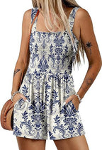 ⏰Hot Sale - 50% Off💃 Floral Print Sleeveless Shorts Jumpsuit with Pockets