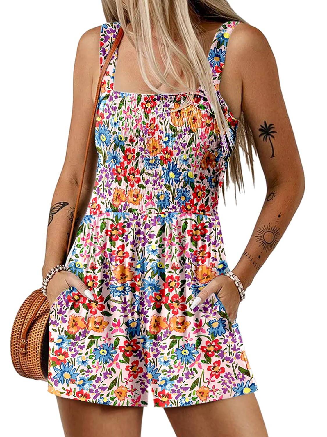 ⏰Hot Sale - 50% Off💃 Floral Print Sleeveless Shorts Jumpsuit with Pockets