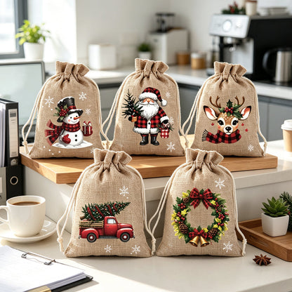 🎅 50% OFF! 🎄 Christmas Drawstring Gift Bags – Santa, Snowman & Reindeer Prints for Gifting & Party Favours