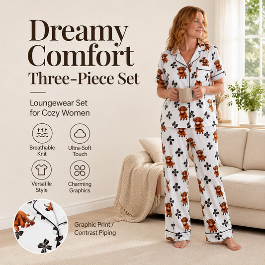 🖤Black Friday Sale 50% OFF!!🐮Cute Highland Cow Print, 3-Piece Fun Pyjama Set – Cozy Lounge & Sleepwear ✨